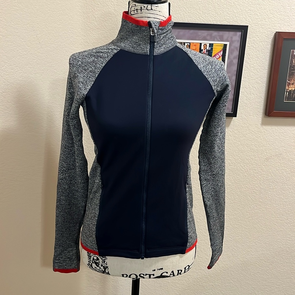 Women’s Athleta Knit- Stretch Zip Jacket, size XS, navy/gray/red